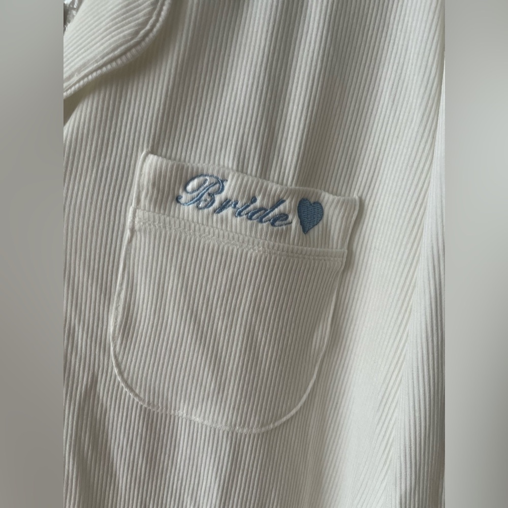 SKIMS White Ribbed Bride Pocket Pajama Top with Blue Embroidery